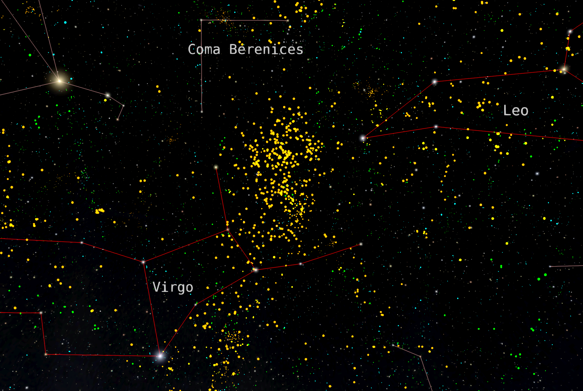 A view of the night sky with the Tully galaxies turned on, seen as multicolored points among the stars and constellation lines of the night sky.