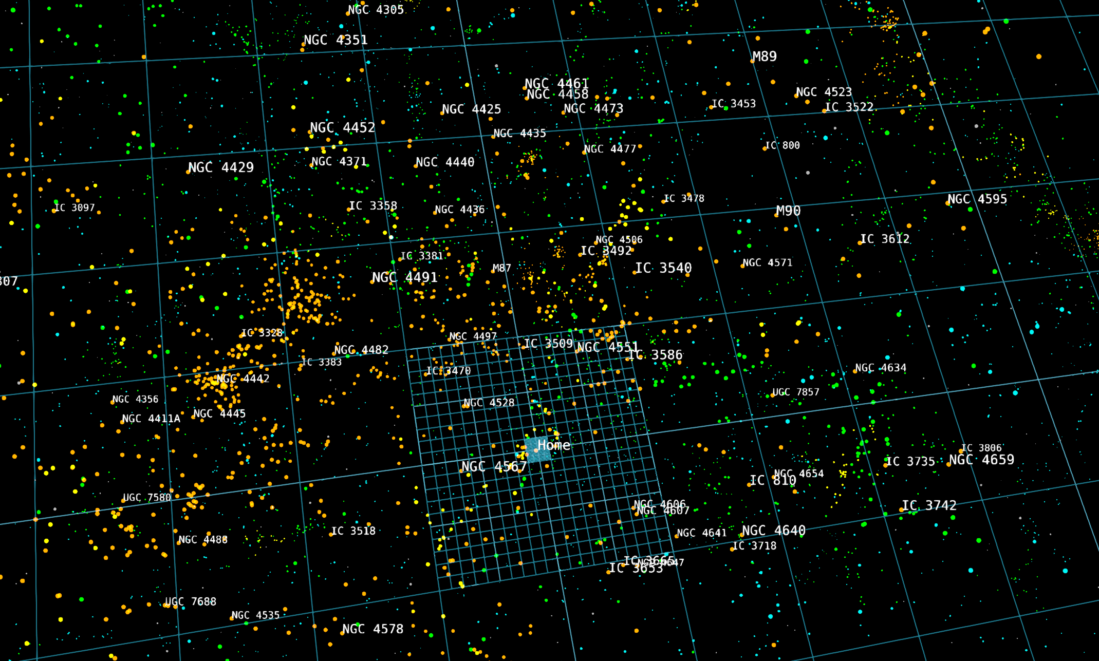 Multicolored points represent galaxies. The nearest have labels and are located inside the Virgo Cluster. We look from this vantage point back toward the Milky Way, which is roughly 55 million light years away from the Virgo Cluster.