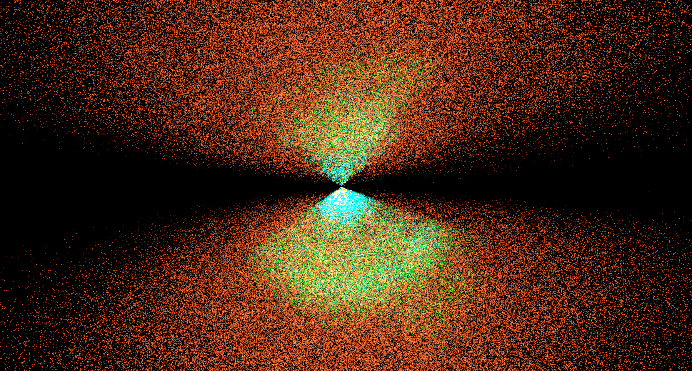 A two-lobed sea of red points represent quasars while the blue and green points are the locations of galaxies. The Milky Way Galaxy is at the center of the image where these data appear to converge.