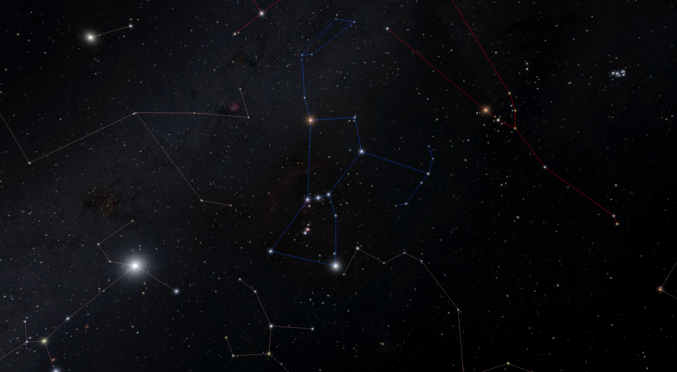 The diffuse band of light of the Milky Way as it passes by Orion.