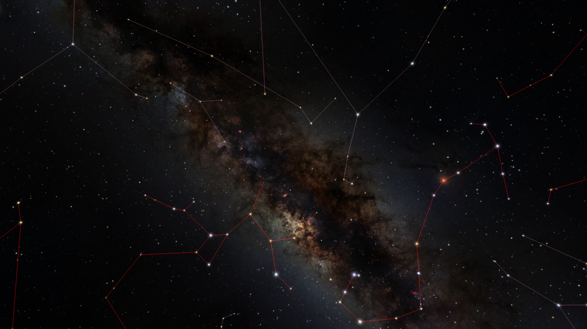 A night sky view of the Milky Way as seen with our eyes looking toward the constellation Scorpius.