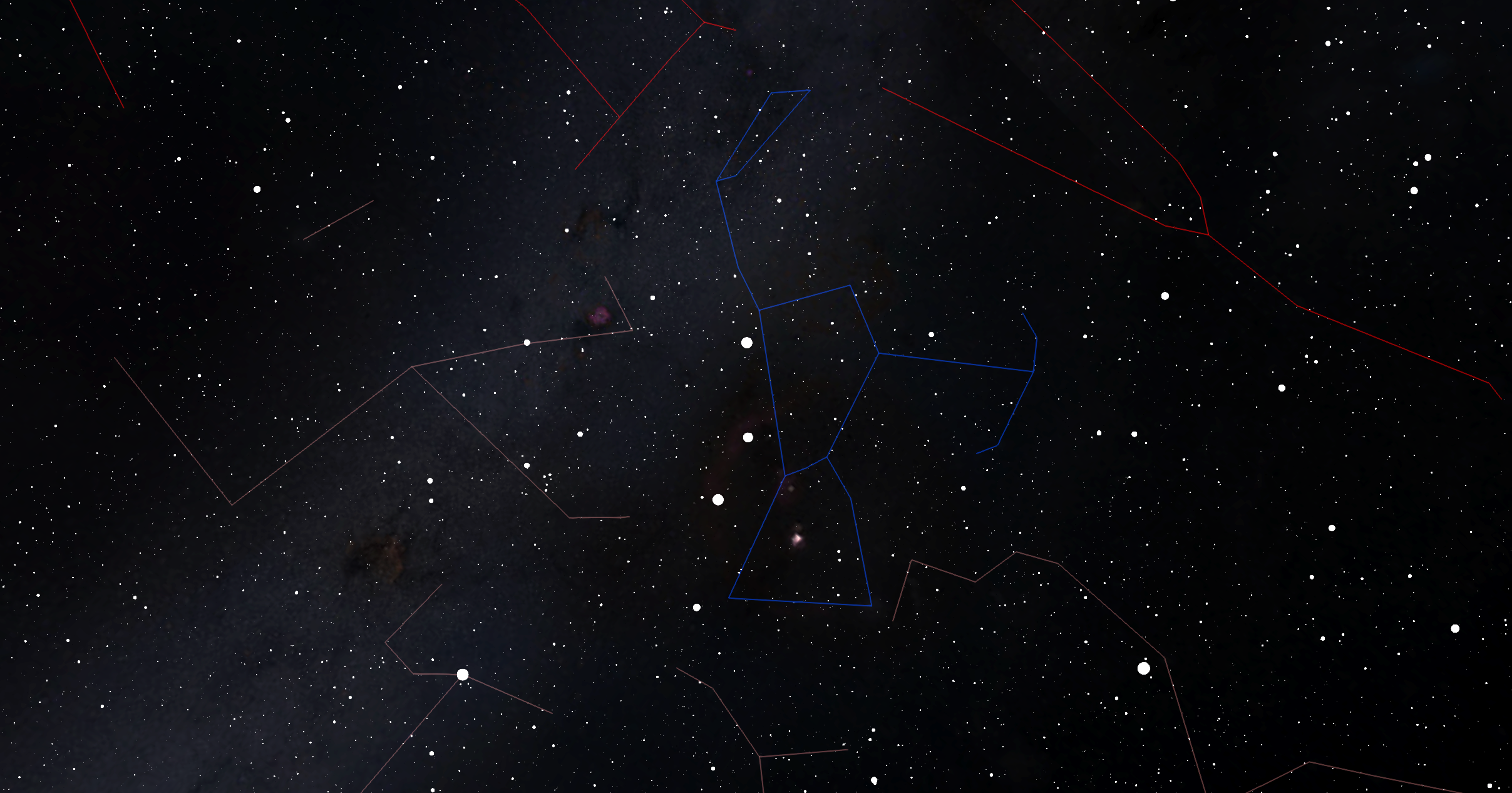 A night-sky view of the white dwarfs looking toward the constellation Orion. Constellation lines are drawn for reference.