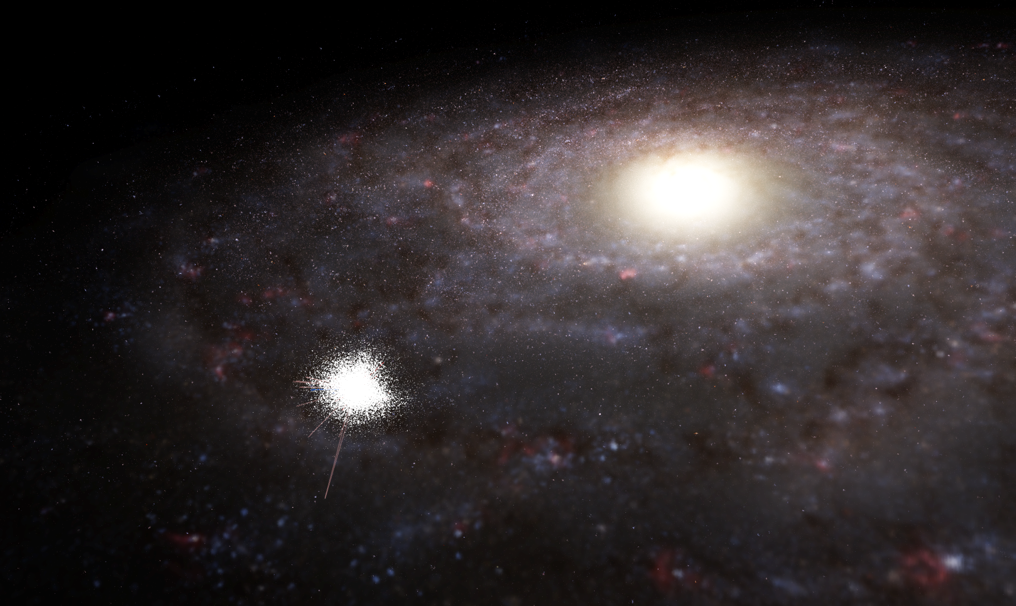 An image of the Milky Way Galaxy and the location of the white dwarfs within it. They occupy a small area spherically distributed around the Sun.