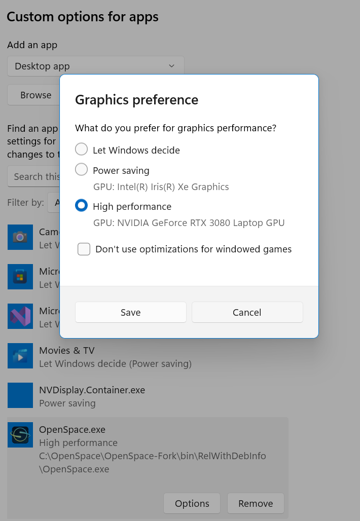 Windows graphics settings options