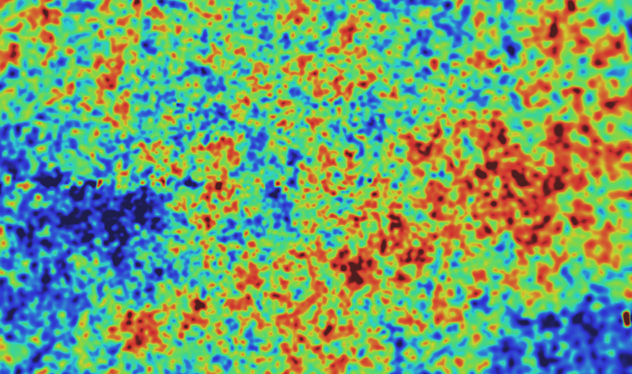 The WMAP image of the cosmic microwave background, with red areas slightly hotter and blue areas slightly cooler.